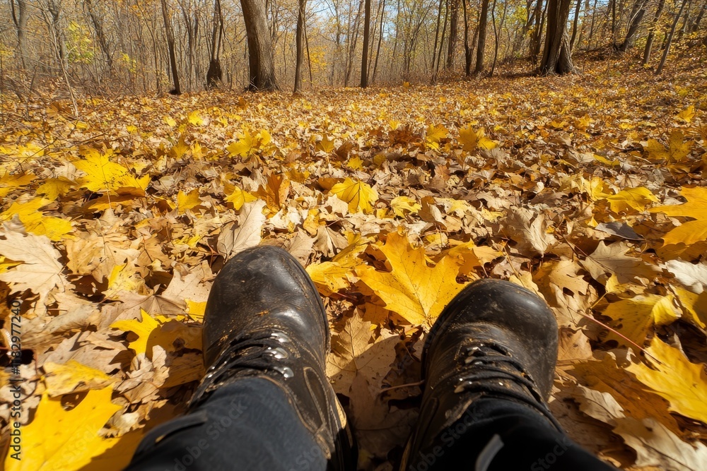 Poster autumn walk through a leaf-covered forest path with rustic boots and vibrant yellow foliage creating