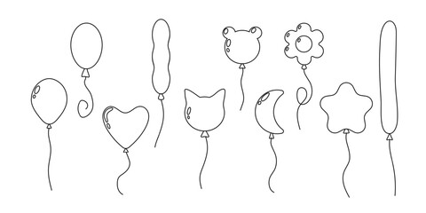 Fun outline drawings of various balloons in different shapes and designs for events or celebrations