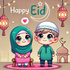 Muslim cartoon little girl and boy saying happy eid