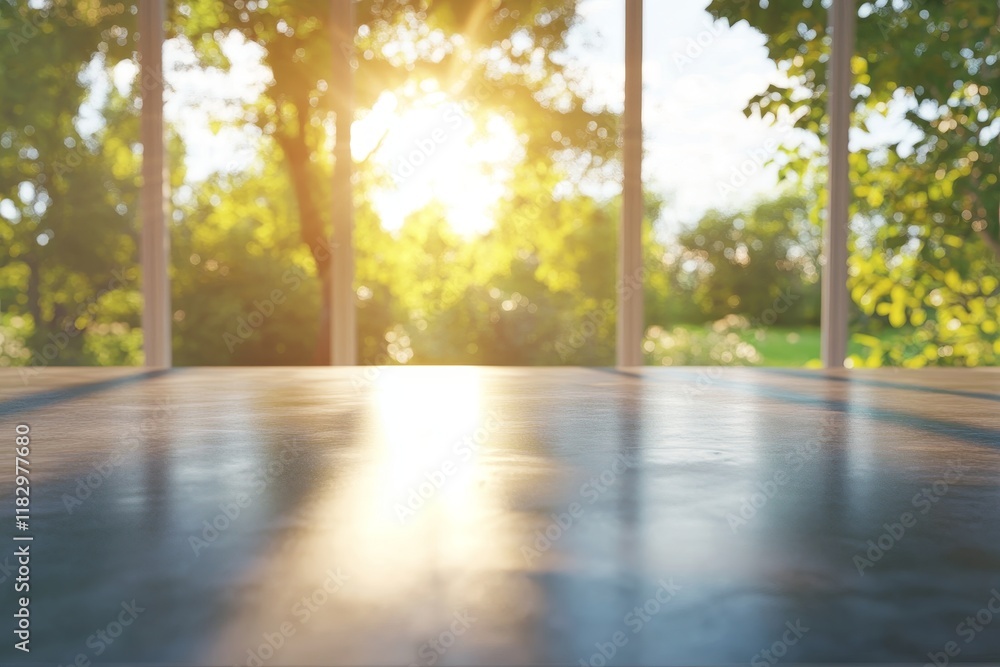 Poster beautiful bright sunlight streaming through trees creating warm ambiance on a table with a soft refl