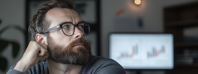 A man with glasses and a beard is deep in thought while looking at performance graphs displayed on a computer. His modern workspace features plants and soft lighting, emphasizing concentration