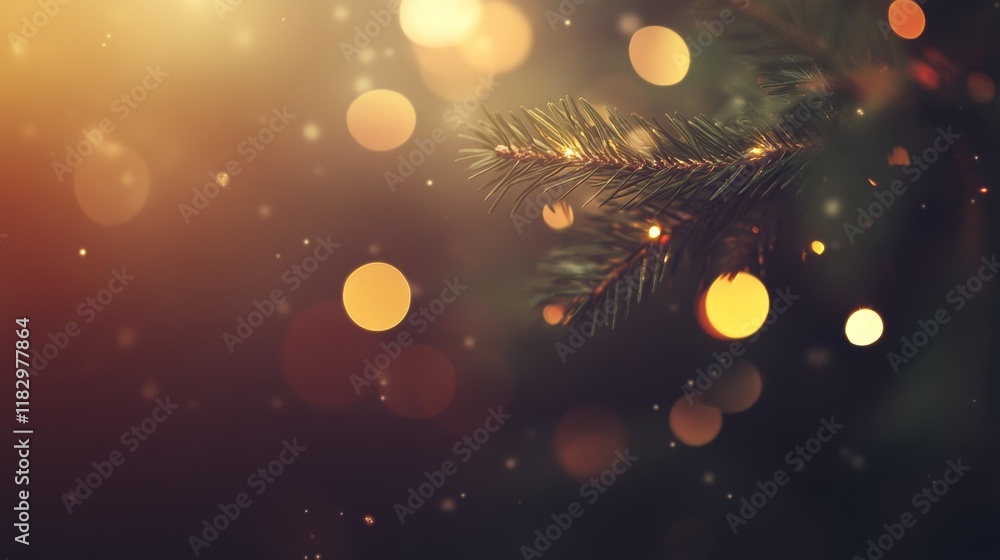 Poster beautiful close-up of a pine branch with soft bokeh lights and a warm glowing background for holiday