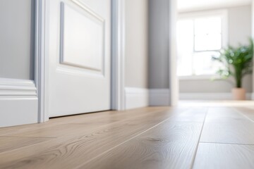 Obraz premium Closeup view of newly installed wooden flooring and baseboards in room