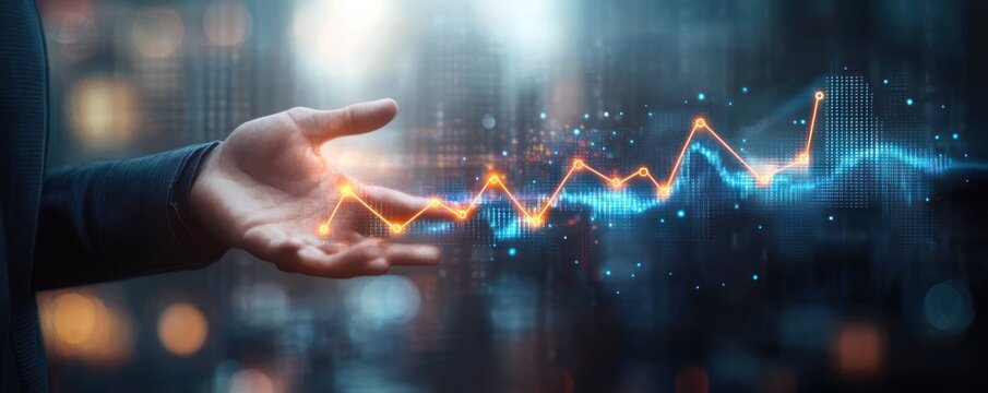 Businessman with Outstretched Hand Guiding Rising Graph in Cyberpunk Aesthetics