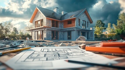 Design framework in focus - house model positioned over detailed blueprints, emphasizing architectural structure, planning expertise, spatial arrangement, meticulous technical execution.