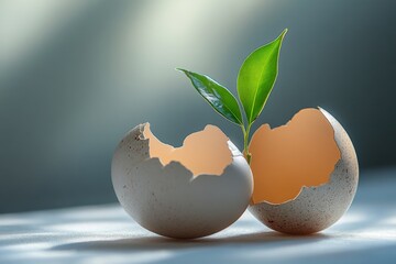 Small sprout growing from a cracked eggshell symbolizing new beginnings and hope