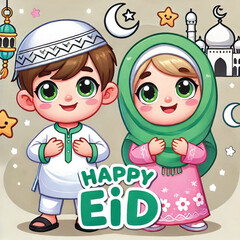 Muslim cartoon little girl and boy saying happy eid