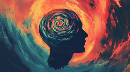 Surreal visual concept for reverse thinking head silhouette with ideas spiraling backward bold colors and minimalist shapes unique perspective. Riversong. Illustration