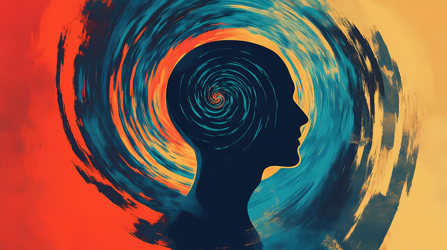 Surreal visual concept for reverse thinking head silhouette with ideas spiraling backward bold colors and minimalist shapes unique perspective. Riversong. Illustration