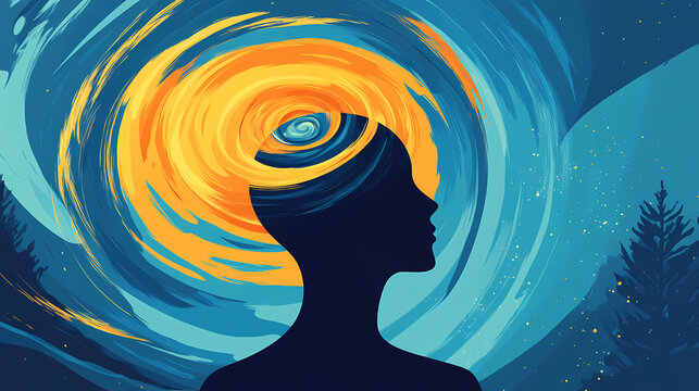 Surreal visual concept for reverse thinking head silhouette with ideas spiraling backward bold colors and minimalist shapes unique perspective. Riversong. Illustration