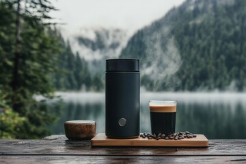 Coffee Break in Nature: A sleek black coffee maker stands proudly on a wooden plank overlooking a tranquil mountain lake, with a steaming cup of coffee and scattered beans beside it.