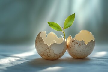 Two seedlings sprouting from cracked eggshells