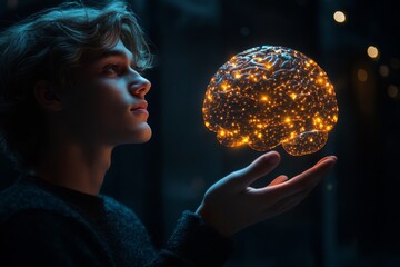 Naklejka premium Young woman holding a glowing digital globe