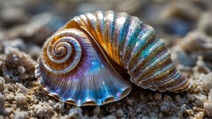 Pearlescent  colorful and  shiny iridescent sea shell on the sand grains on the coastline of the beach screensaver