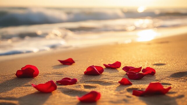Red rose petals scattered on tranquil beach sand with gentle waves in the background.