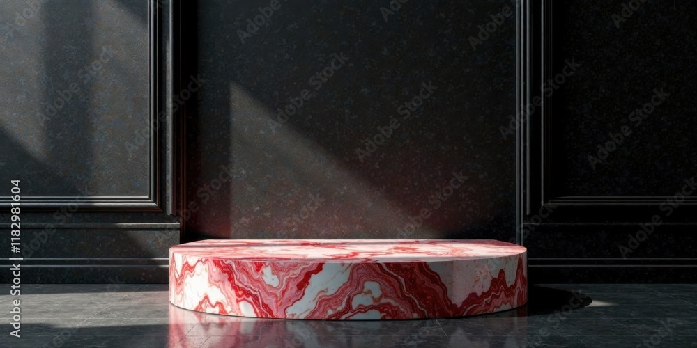 Poster elegant red marble pedestal on dark background with subtle lighting