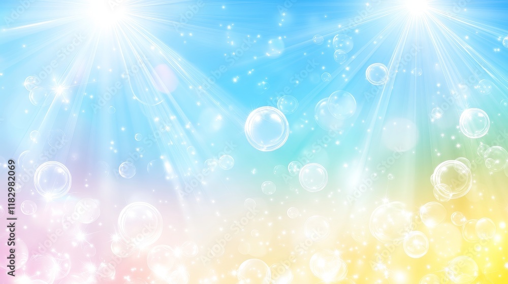 Poster bright and colorful background with bubbles and light rays for creative projects and designs in soft