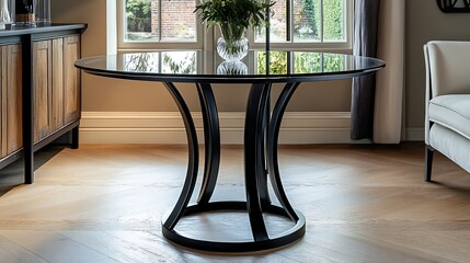 Round glass top table with black metal frame