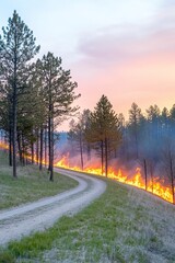Controlled burn along dirt road enhances fire prevention efforts in forested area at dusk
