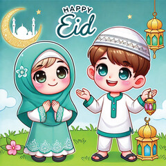 Muslim cartoon little girl and boy saying happy eid