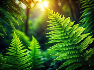 Lush Green Fern Leaves Forest, Nature Photography, Woodland Scenery, Deep Forest Background,  Botanical Image,  Foliage Texture,  Spring Greens, Rainforest Plants