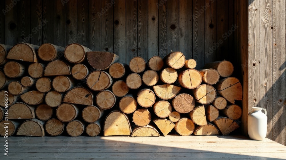 Poster stack of neatly arranged firewood logs in a rustic wooden storage area