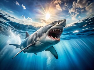 Naklejka premium Great White Shark Attack: Underwater Predator Hunting Prey in Deep Ocean