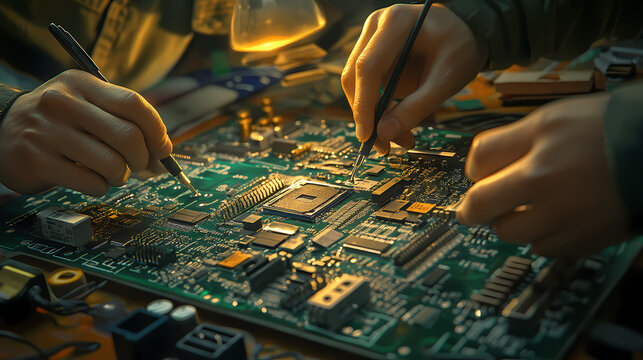 Realistic depiction of reverse engineering a complex circuit board, with engineers examining each chip and resistor to recreate the design. Riversong. Illustration