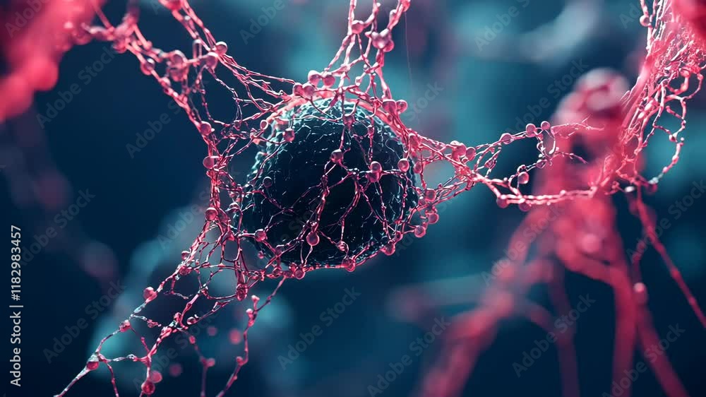 Poster intricate network of cells illuminated in vibrant hues showcasing biological interaction under micro