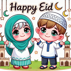 Muslim cartoon little girl and boy saying happy eid
