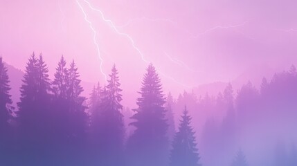 Majestic lightning storm over forest with vibrant purple hues in evening sky