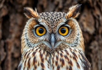 Fototapeta premium Close-up portrait of a tawny owl with piercing yellow eyes and a textured bark background