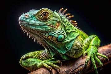 Obraz premium Green Iguana Close-Up on Branch - Striking Reptile Portrait Against Black Background