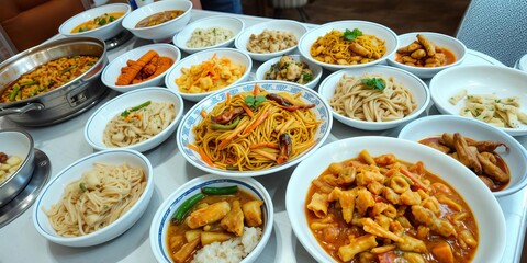 A colorful array of traditional Asian dishes including sushi, dim sum, curry, stir fry, and noodles, buffet, dishes, table