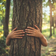 Environmental Protection in Focus: A Human Embracing a Majestic Tree with Soft, Hipster-Inspired Colors