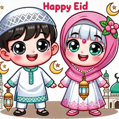 Muslim cartoon little girl and boy saying happy eid