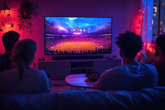 Group of friends watching exciting soccer match on TV in cozy living room with drinks and snacks celebrating victory together