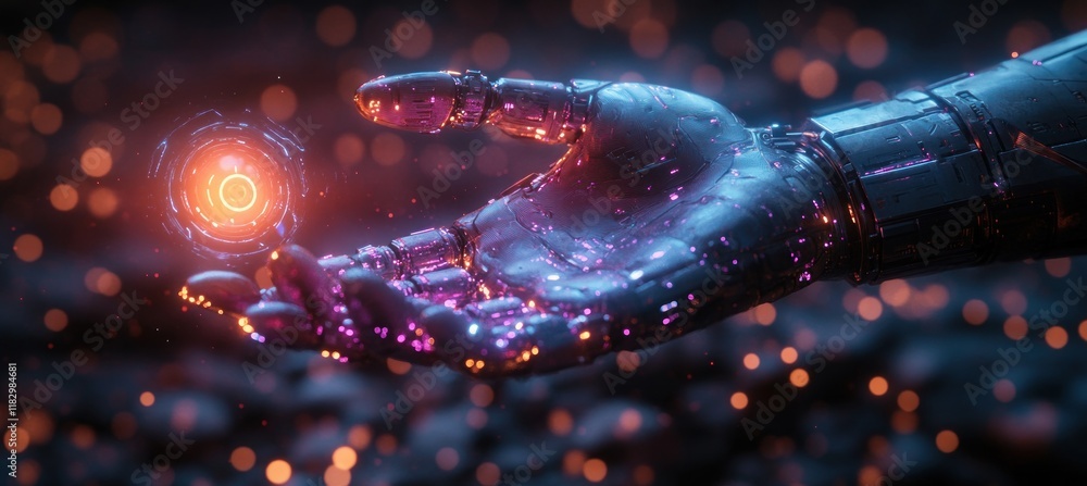Poster futuristic robotic hand targeting success with ai strategy and technology in cyberpunk style