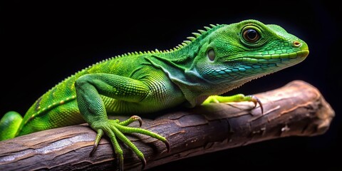 Fototapeta premium Green Lizard on Black Branch - High-Resolution Stock Photo