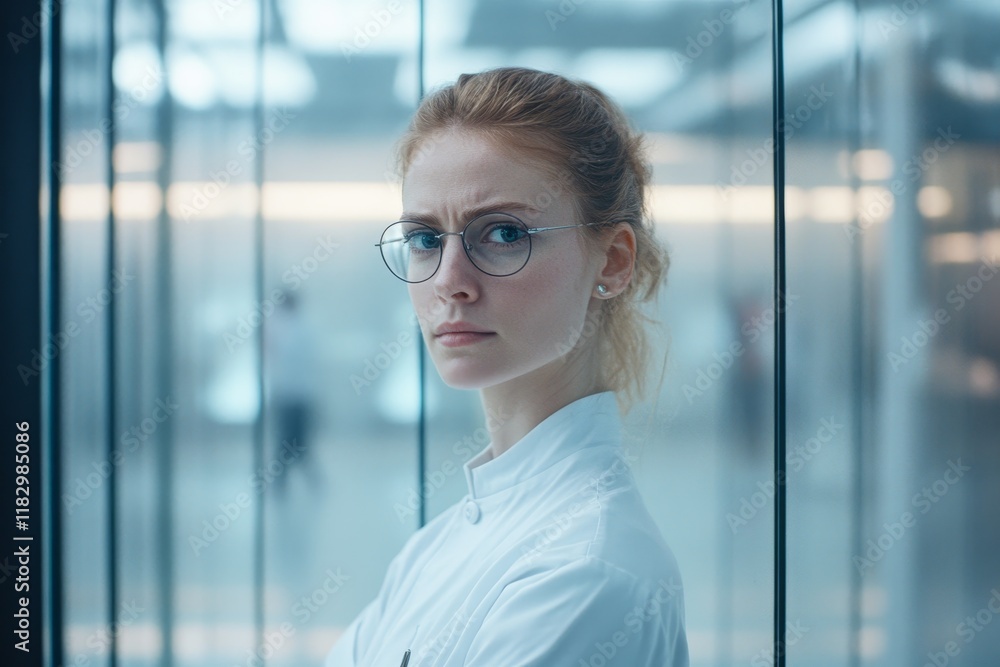 Poster captivating portrait of a thoughtful scientist with glasses, showcasing intensity and focus in a mod