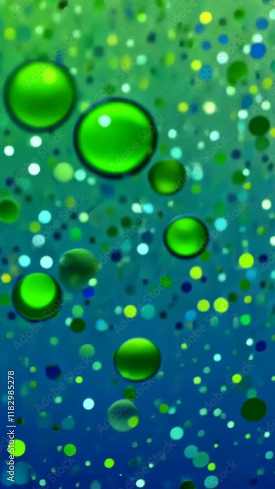 Poster green bubbles float above a blue background creating a vibrant abstract visual representation of und