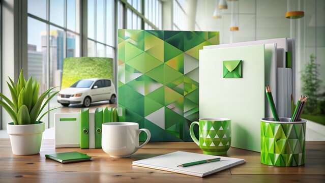 Green & White Geometric Branding Mockup: Stationery, Report, Van, Brochure, Mug