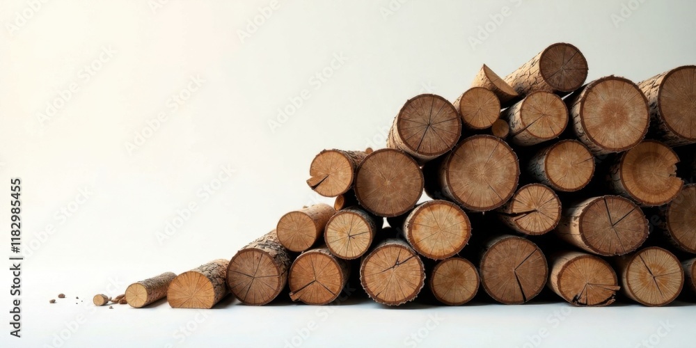 Poster a collection of rustic wooden logs arranged in a pile against a light background