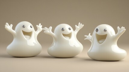 Cheerful and Playful Cartoon Characters in White, Expressive Smiling Figures with Joyful Faces and Outstretched Arms against a Soft Background