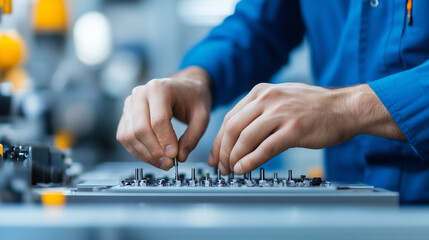 Close-Up of Worker Adjusting Screws on Industrial Steel Assembly Line