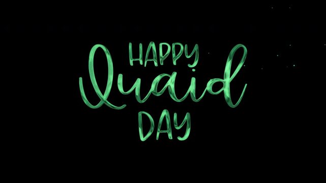Animated  lettering Happy Quaid Day proclamation with scattered specks; ideal for Quaid Day greeting cards, social media posts, or invitations.
