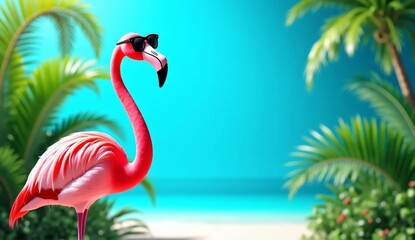 Flamingos in water and on the beach in a tropical summer scene