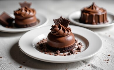 A decadent chocolate mousse cake with a drizzle of rich chocolate ganache and a chocolate bar garnish, resting on a pristine white plate.
