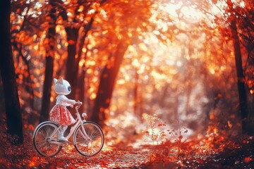 Fototapeta premium Child in a Cat Costume Riding Bicycle Through a Vibrant Autumn Forest with Orange Leaves and Soft Sunlight, Capturing a Whimsical and Playful Atmosphere