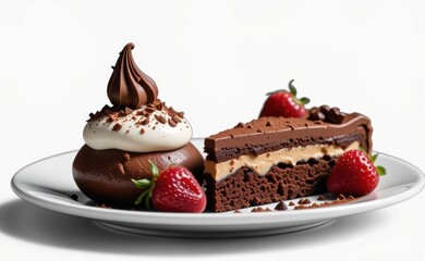 A decadent chocolate mousse cake with a drizzle of rich chocolate ganache and a chocolate bar garnish, resting on a pristine white plate.